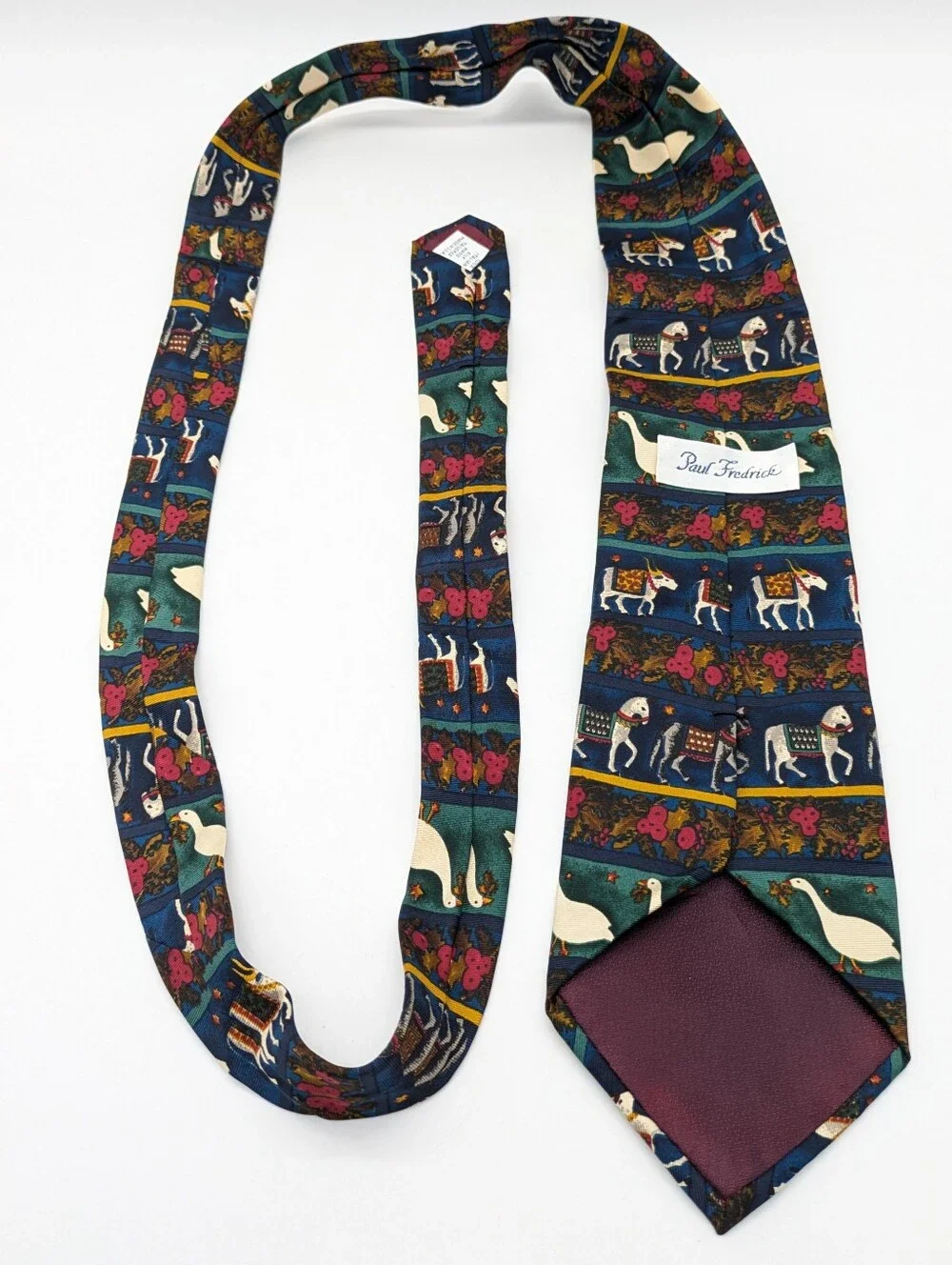 Paul Frederick Blue Green Red Goose Horse Whimsical Novelty Italian Silk Tie